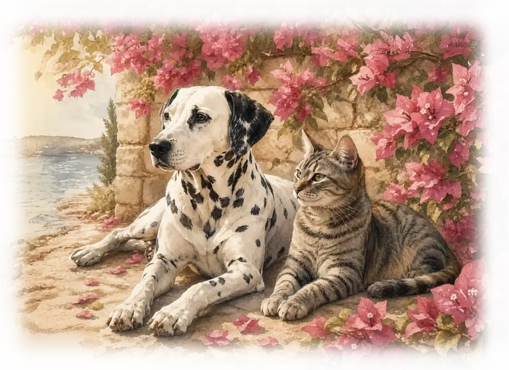 Ruhe ist kein Zufall - Hund und Katze unter einem blühenden Baum