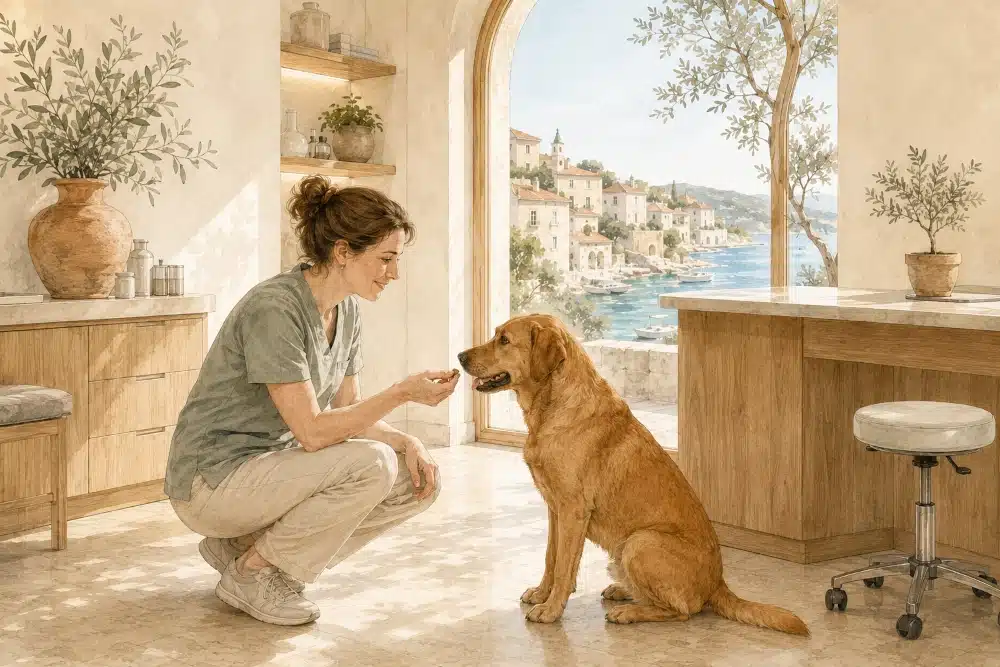 Stressarme Behandlung - Frau gibt Hund einen Snack.