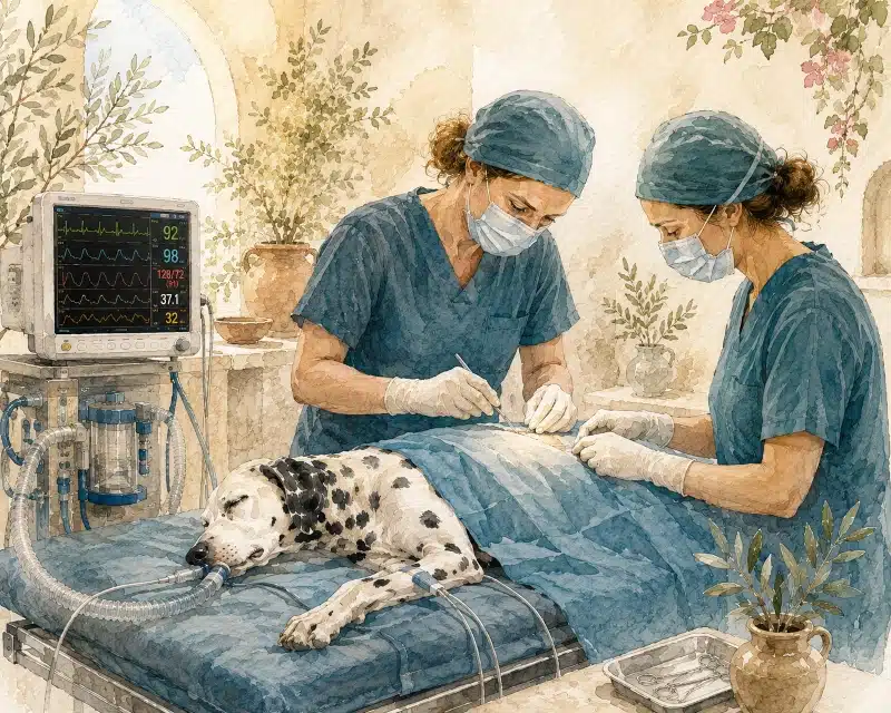 Ein Dalmatiner liegt auf dem OP Tisch mit einer Ärztin und Assistentin - Chirurgie - Vetinarium